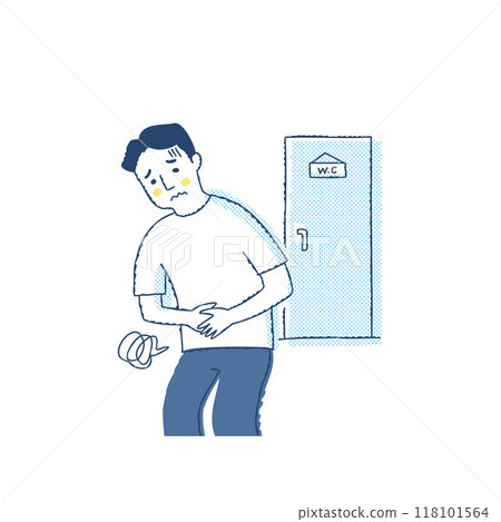 A man holding his stomach in front of a toilet 118101564
