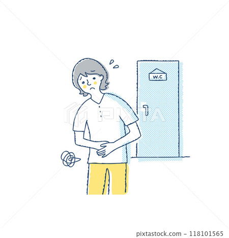 A woman holding her stomach in front of the toilet 118101565