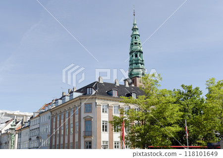 Downtown Copenhagen with old houses and church.  118101649