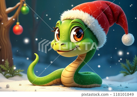 Cartoon green snake wearing a red Santa hat. 118101849