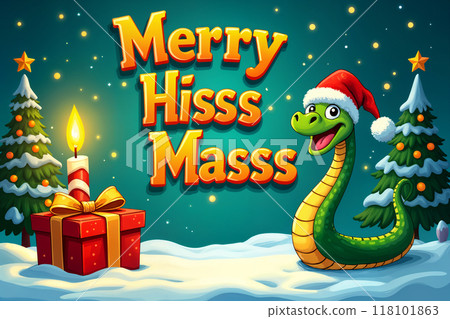 Merry Christmas greeting with a cartoon snake and present. 118101863