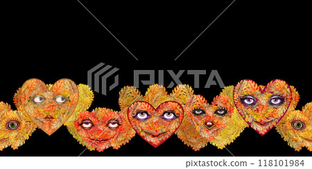 Seamless border of heart with a mask with eyes and a smile of autumn orange oak leaves. Watercolor illustration. Template with foliage texture, for sticker, poster for Harvest, Thanksgiving, Halloween Seamless border of heart with a mask with eyes and a smile of autumn orange oak leaves. Watercolor illustration. Template with foliage texture, for sticker, poster for Harvest, Thanksgiving, Halloween 118101984