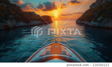 Sunset View from a Yacht Sailing Through a Serene Bay 118102221
