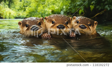 Three otters are swimming in a river with their heads sticking out of the water, AI Three otters are swimming in a river with their heads sticking out of the water, AI 118102272