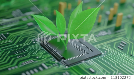 A green plant growing on a circuit board made with green technology, AI 118102273