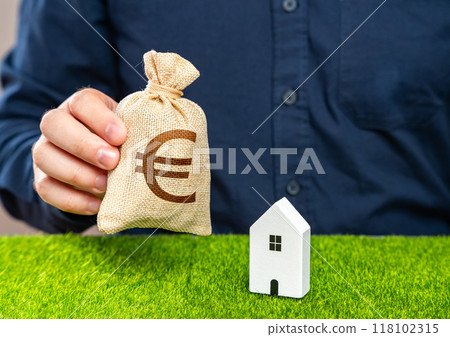 Man presents euro money bag as an offer in exchange for house. Real estate appraisal. Buying a house. Make a deal. Housing prices. 118102315