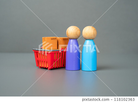 Shoppers and a shopping basket with goods. Buyers and consumers. Cost of the consumer basket, subsistence minimum. Retail outlets and coverage. Advertising and brands. 118102363