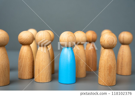 A blue man stands among the crowd. Career promotion. Wins among candidates. Hiring by competition. Get a raise. Present an employee with a promotion. High performance. A blue man stands among the crowd. Career promotion. Wins among candidates. Hiring by competition. Get a raise. Present an employee with a promotion. High performance. 118102376