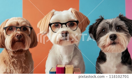 Three dogs wearing glasses and sitting next to a stack of books, AI 118102701
