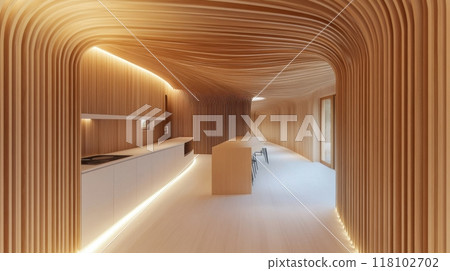 A long hallway with a curved ceiling and white counter tops, AI 118102702