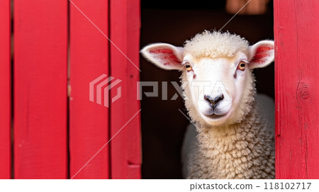 A sheep peeking out of a red barn door with its eyes closed, AI 118102717