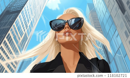 A woman with sunglasses and a black jacket standing in front of tall buildings, AI 118102721