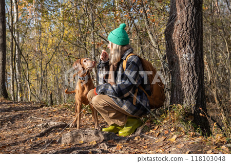 Calm patient woman playing, teaching attentive dog on autumn walk in woods. Dog walk, pet adoption 118103048