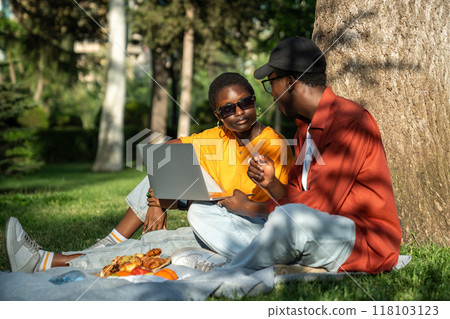 Relaxed African American friends sitting by tree trunk with laptop in park, having pleasant picnic. Relaxed African American friends sitting by tree trunk with laptop in park, having pleasant picnic. 118103123