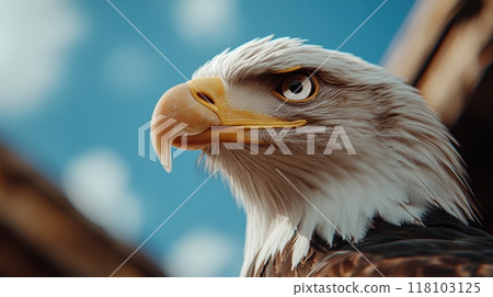 A close up of a bald eagle with yellow eyes and beak, AI 118103125