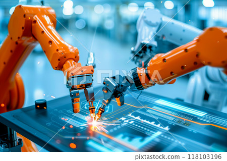 Two robots are working together to create a piece of technology Two robots are working together to create a piece of technology 118103196