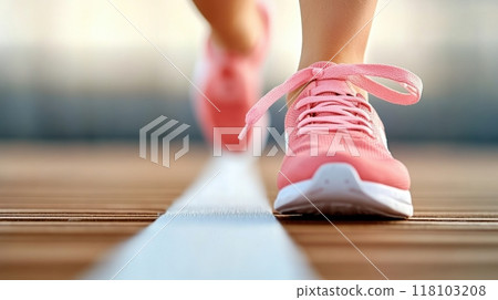 A woman's feet are in pink sneakers as she walks on a wooden deck, AI A woman's feet are in pink sneakers as she walks on a wooden deck, AI 118103208
