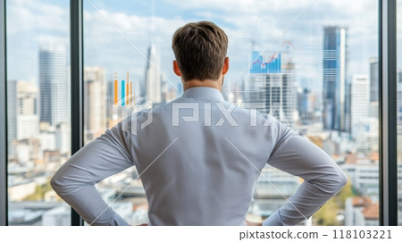 A man standing in front of a window looking at graphs, AI 118103221