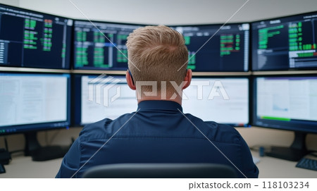A man sitting at a desk with four monitors in front of him, AI 118103234