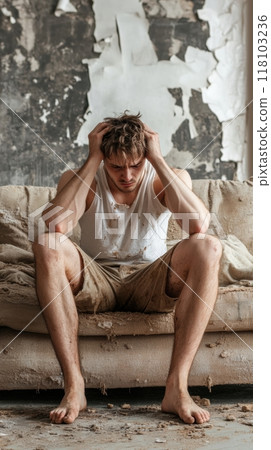 A depressive unhappy man sitting on a couch with his hands in front of him, AI 118103236