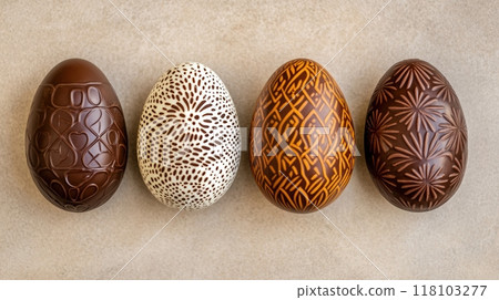 A row of chocolate eggs with different designs on them, AI 118103277