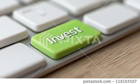 A close up of a green button on the keyboard that says invest, AI 118103507