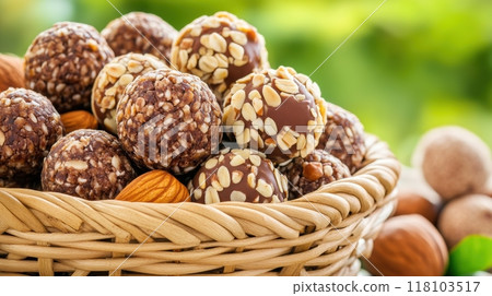 A basket of nuts and chocolate covered almonds in a wicker bowl, AI 118103517