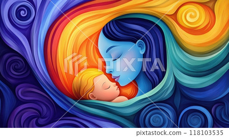 A painting of a mother and child in colorful swirls, AI A painting of a mother and child in colorful swirls, AI 118103535