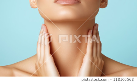 A woman with a very thin neck and her hands on the sides of it, AI A woman with a very thin neck and her hands on the sides of it, AI 118103568