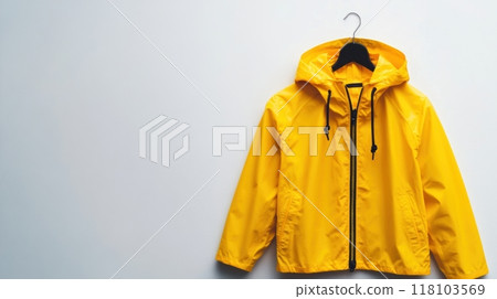 A yellow rain jacket hanging on a hanger against the wall, AI 118103569