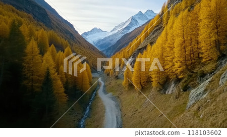 A mountain road with yellow trees on either side of it, AI 118103602