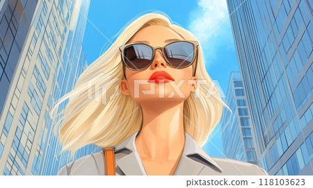 A woman with sunglasses and a purse is standing in front of tall buildings, AI 118103623