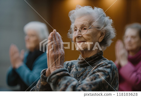 grandmother at group yoga classes for pensioners grandmother at group yoga classes for pensioners 118103628