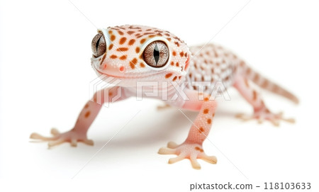 A small gecko with white spots and brown eyes is looking at the camera, AI A small gecko with white spots and brown eyes is looking at the camera, AI 118103633