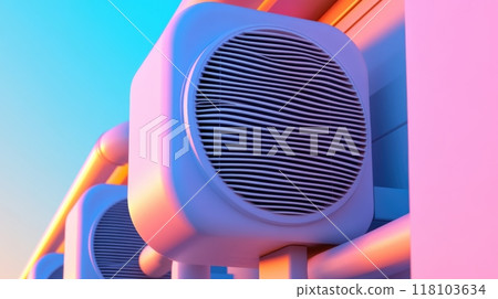 A close up of a row of white speakers on the side of building, AI 118103634