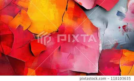 A close up of a painting with many different colors and shapes, AI 118103635