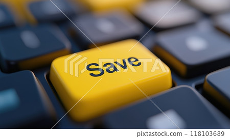 A close up of a yellow key on the keyboard with text saying save, AI 118103689