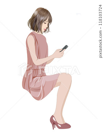 一名年輕女子坐在椅子上看著智慧型手機的插圖 118103724