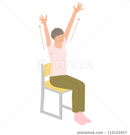 Senior exercise: A woman sits on a chair and stretches with both hands raised (Banzai pose) 118103957