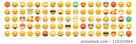 Set of yellow emoji and emoticon faces in vector graphic format on a transparent background. This collection represents a variety of emotions and expressions, perfect for digital designs. 118103984
