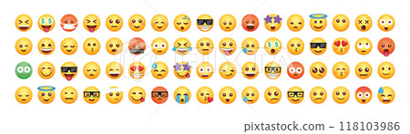 Set of yellow emoji and emoticon faces in vector graphic format on a transparent background. This collection represents a variety of emotions and expressions, perfect for digital designs. Set of yellow emoji and emoticon faces in vector graphic format on a transparent background. This collection represents a variety of emotions and expressions, perfect for digital designs. 118103986