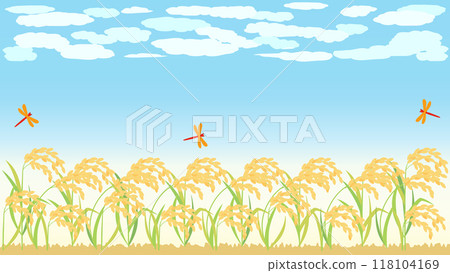 Autumn background illustration of blue sky, rice and ears of rice, aspect ratio 16:9 version 118104169