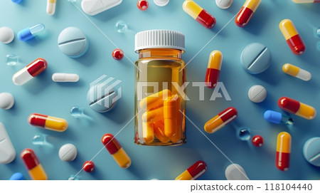 Medication bottle on blue backdrop with ample space for text, top down view for versatile use 118104440
