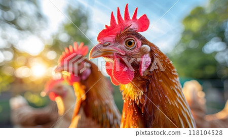 Portrait, Close up Red Chickens, Hen on Farm Yard Golden Chicken Coop in Morning. Banner. 118104528