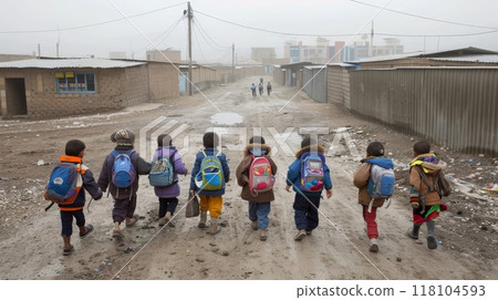 Young students with backpacks on dusty street, returning to school for a new day of learning 118104593