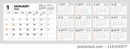 2025 年月曆 12 個月套裝，附假期和活動桌曆 118104977