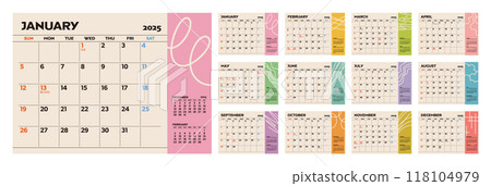 2025 年月曆 12 個月套裝，附假期和活動桌曆 118104979