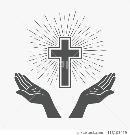 Black and White Open Hands with Cross and Divine Light, Symbol of Faith and Prayer. Design Template for Church Logo. Prayer, Religion Concept Monochrome Cut Out Silhouette Icon. Vector Illustration Black and White Open Hands with Cross and Divine Light, Symbol of Faith and Prayer. Design Template for Church Logo. Prayer, Religion Concept Monochrome Cut Out Silhouette Icon. Vector Illustration 118105459