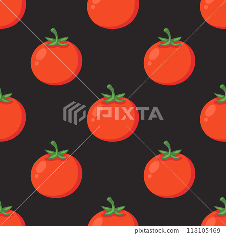 Vector Seamless Pattern with Whole Red Tomato on Black Background. Fresh Tomato Pattern for Textile, Paper and Home Decor. Tomato Print Design for Fabric. Tomato Illustration, Seamless Pattern 118105469