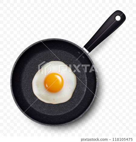 Vector 3d Realistic Fried Egg in the Black Frying Pan, Closeup Isolated, Top View. Design Template of Scrambled Eggs, Fried Egg, Omelette. Delicious Breakfast, Food, Culinary Concept Vector 3d Realistic Fried Egg in the Black Frying Pan, Closeup Isolated, Top View. Design Template of Scrambled Eggs, Fried Egg, Omelette. Delicious Breakfast, Food, Culinary Concept 118105475